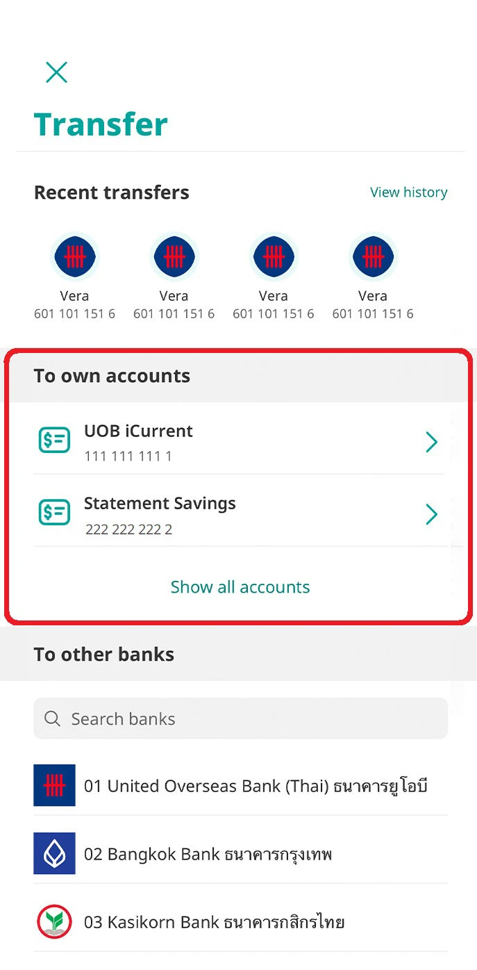 Select your own UOB account you wish to transfer to.
