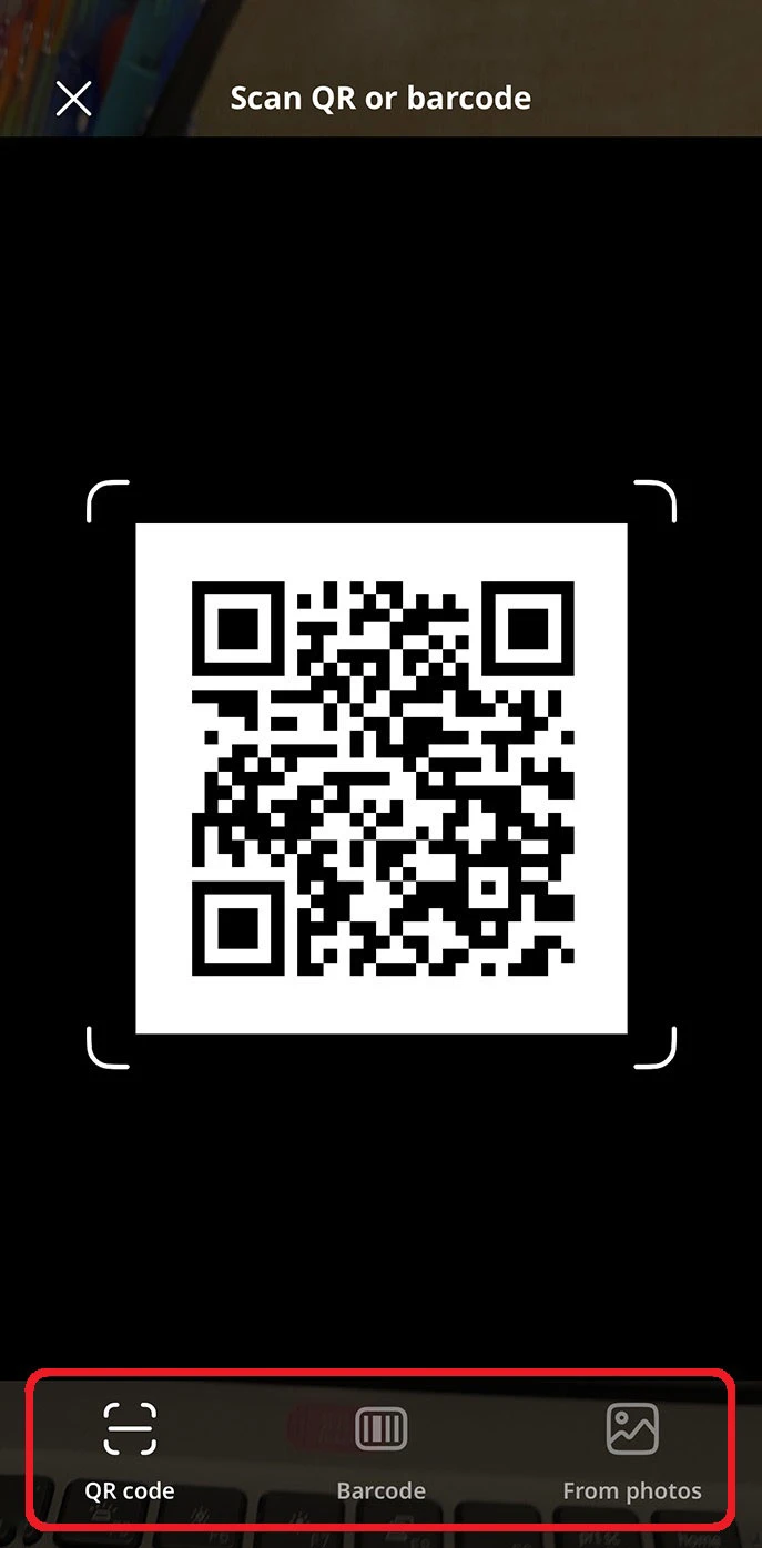 Select QR code or barcode to scan or upload from photos.