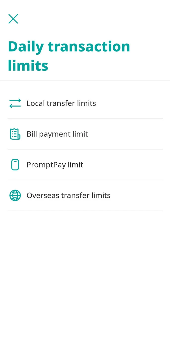 Select the transaction type to update the limit.