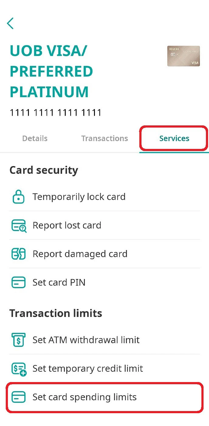 Go to “Services” tab and select “Set card spending limits”.