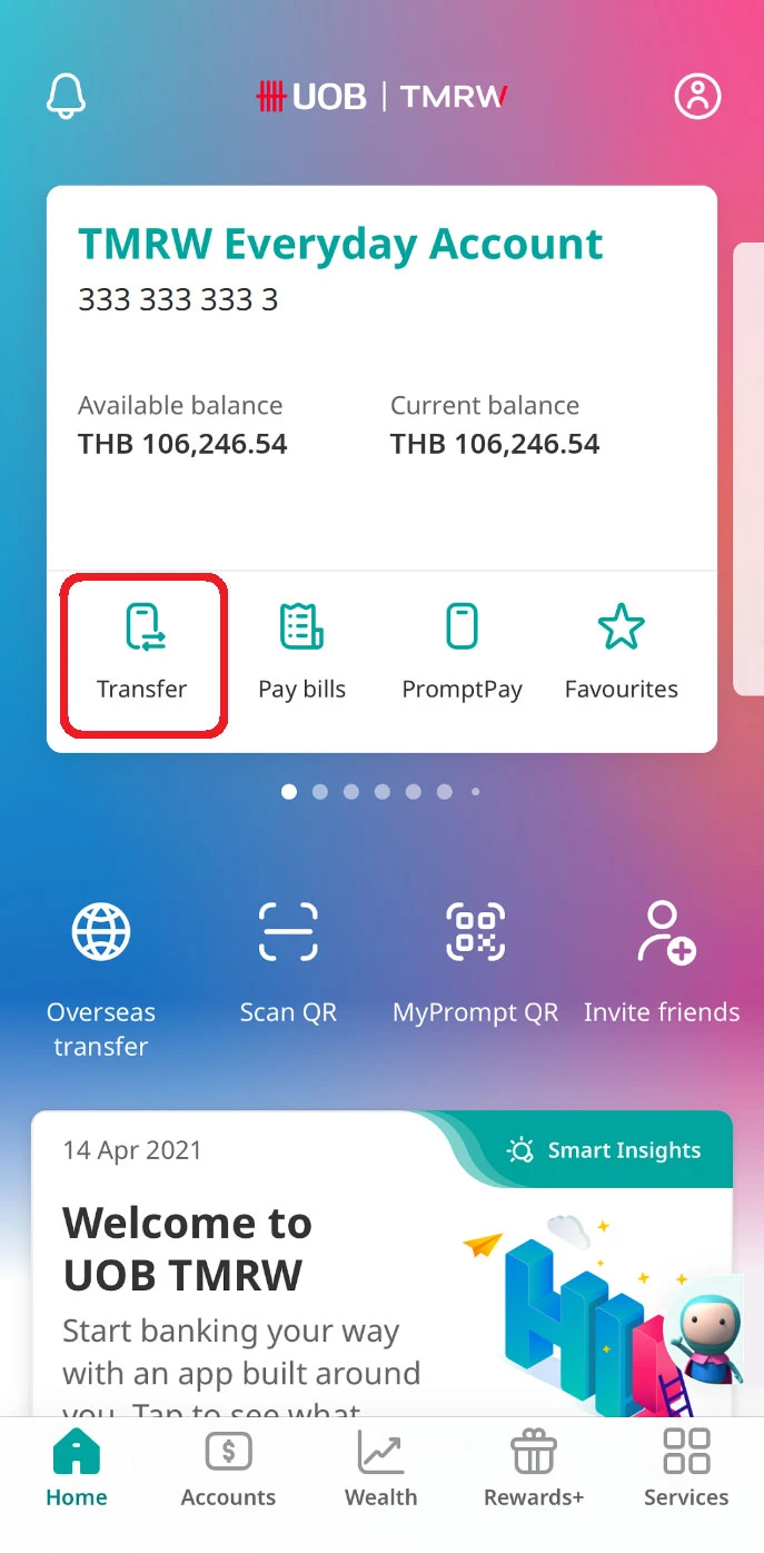 Log in to UOB TMRW and tap “Transfer” on the account to make a transfer from.