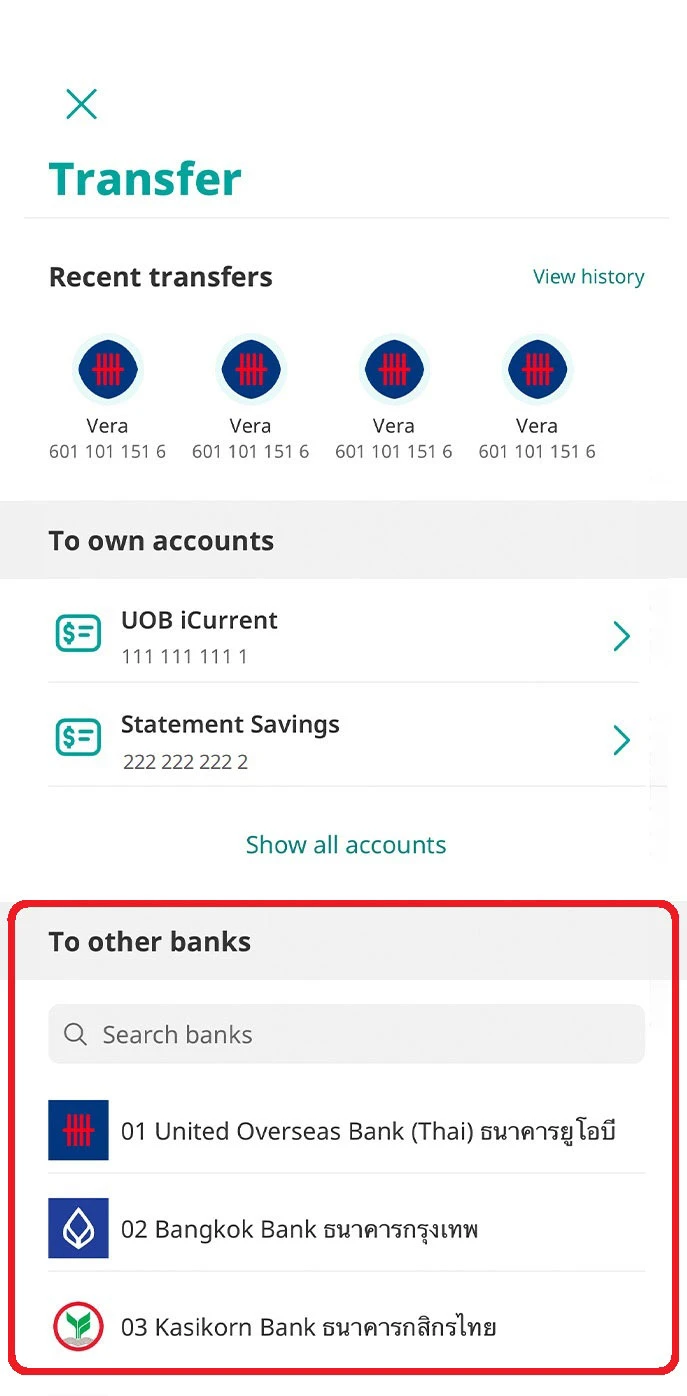 Select the bank name of the account to transfer to.