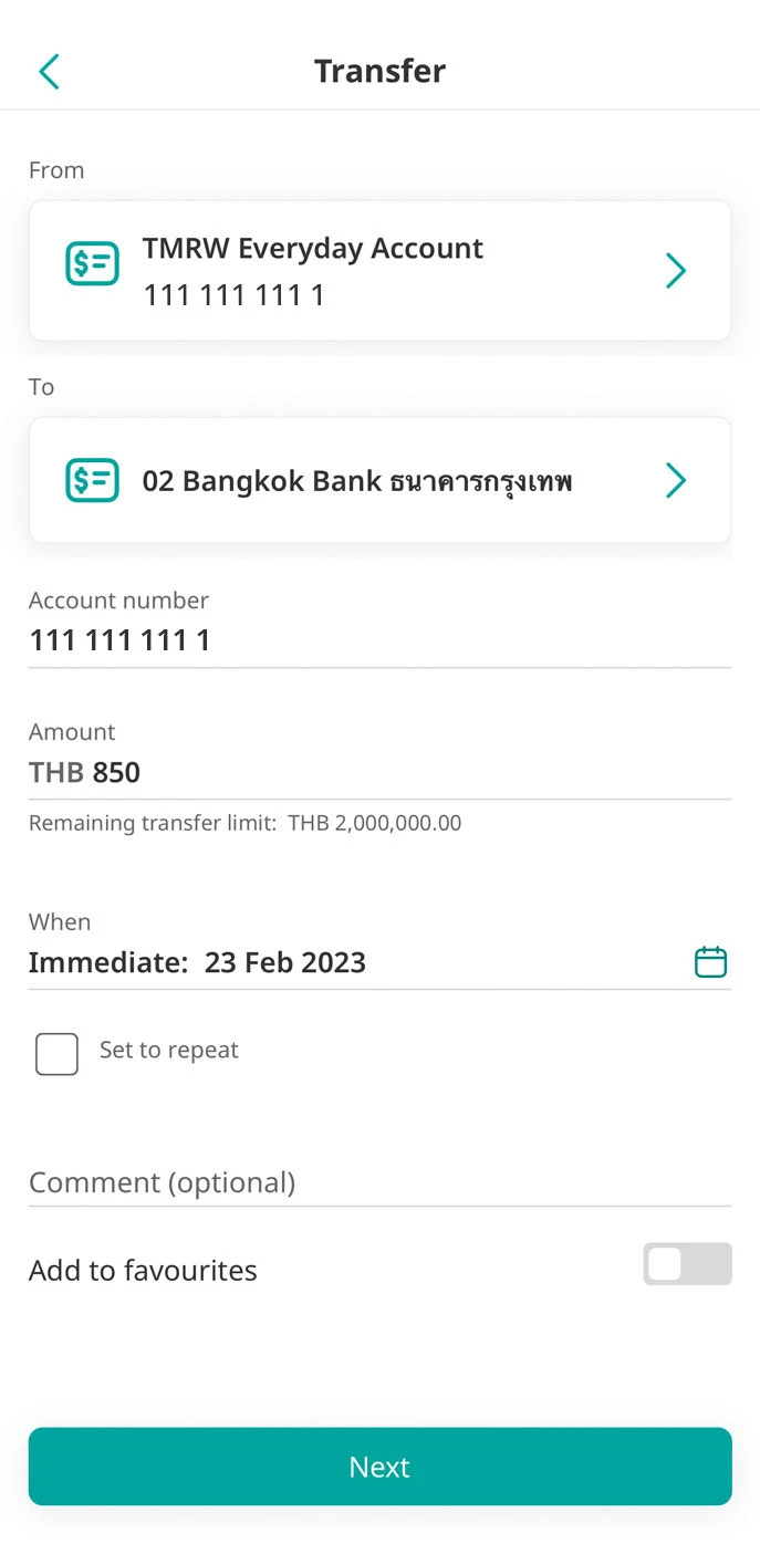 Enter the account number, amount and date of transfer.
