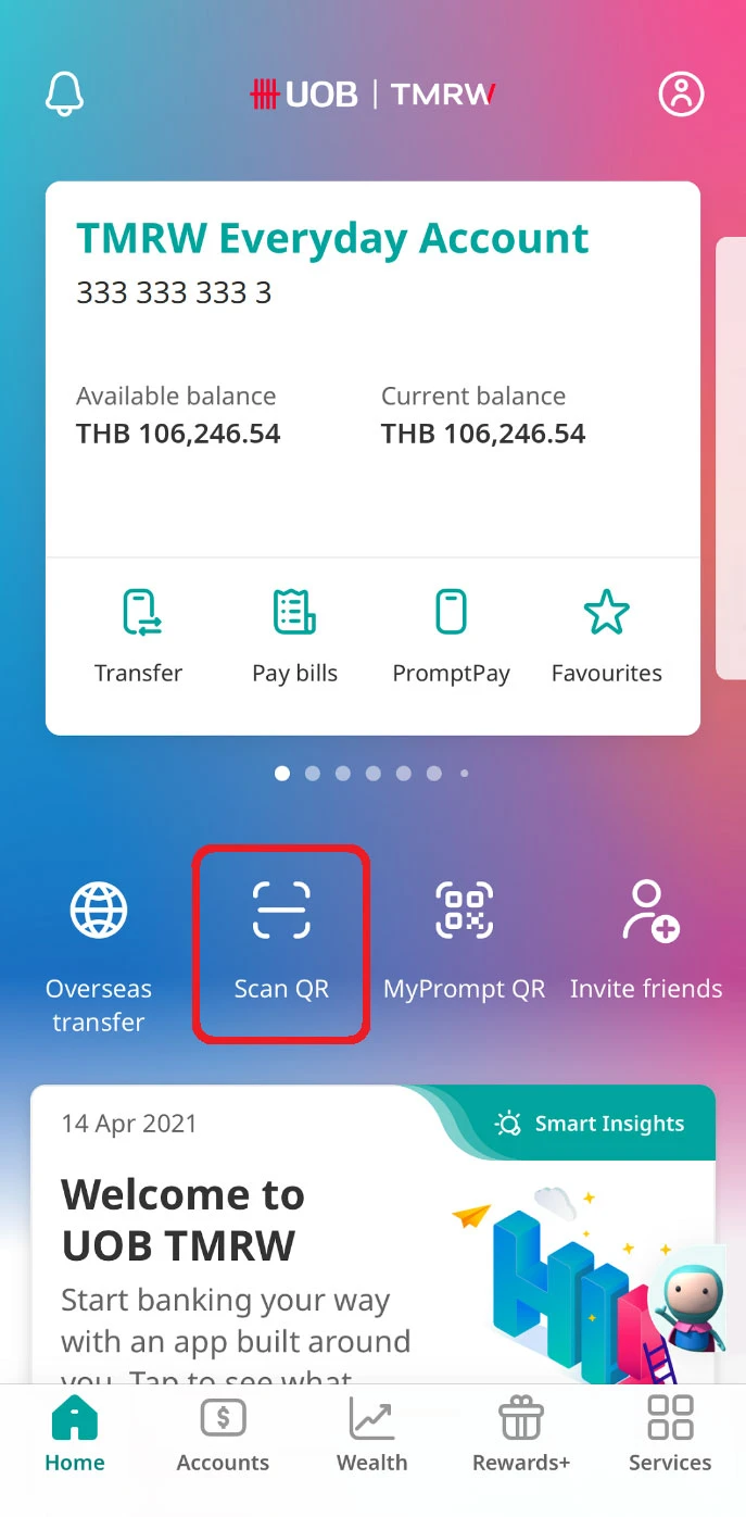 Log in to UOB TMRW and tap on “Scan QR” from Home screen.