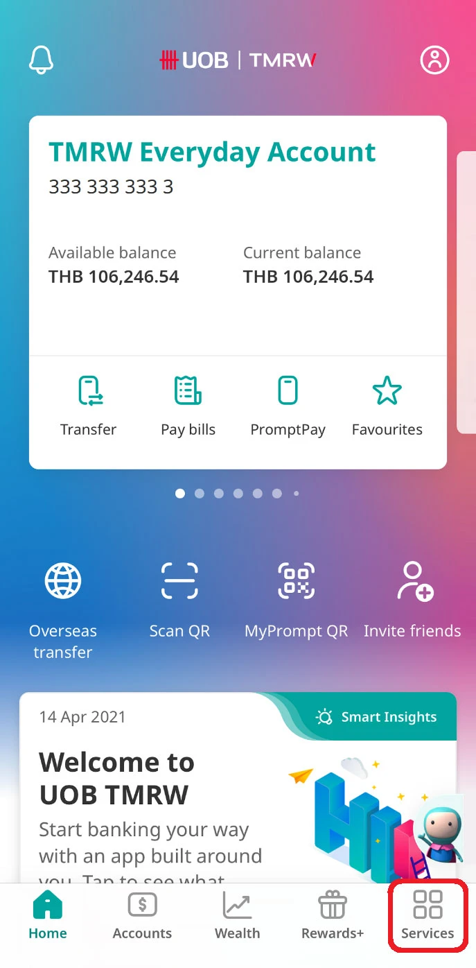 Log in to UOB TMRW and tap on “Services”.