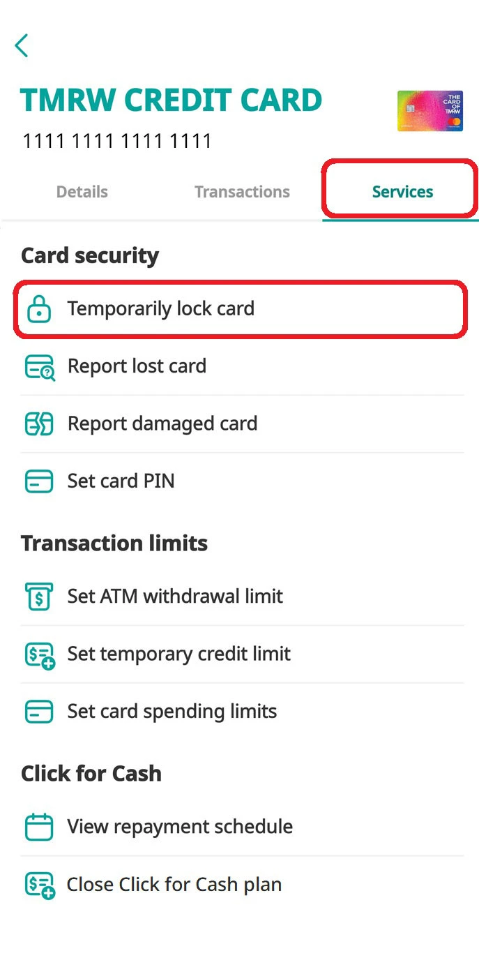 Go to “Services” tab and select “Temporarily lock card”.