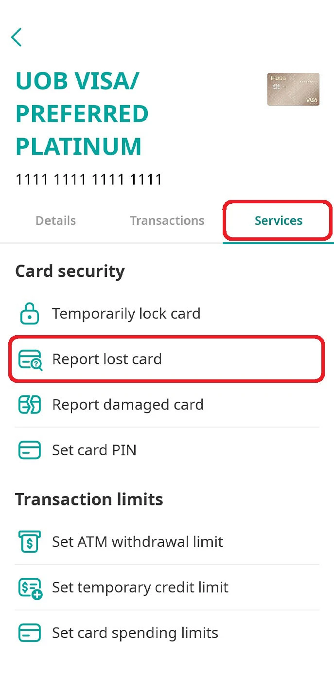 Go to “Services” tab and select “Report lost card”.