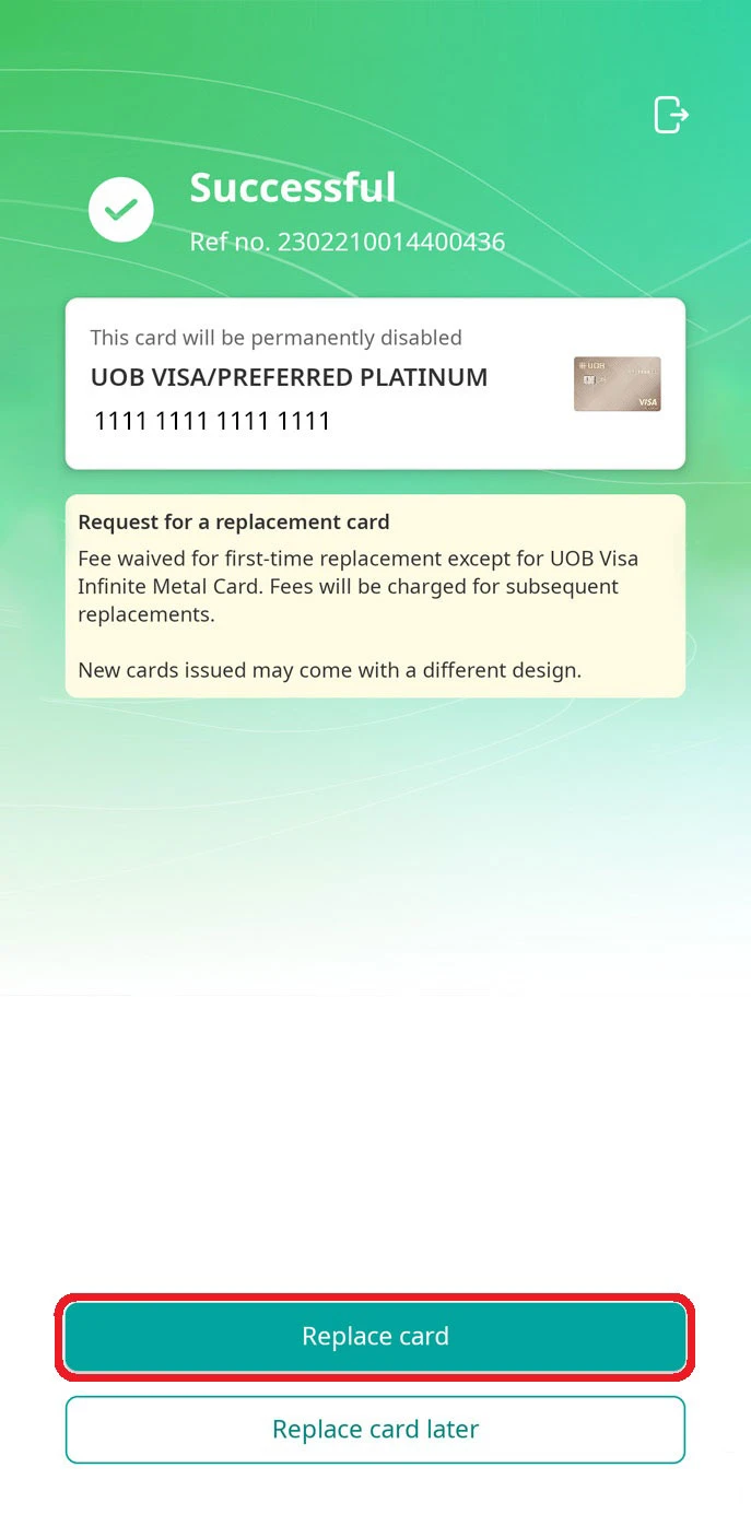 Tap “Replace card” to continue with replacement card request.