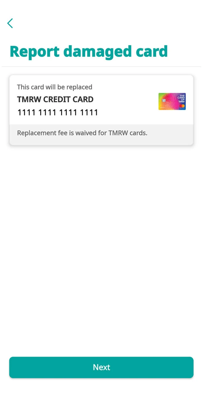 Tap next to continue with replacement card request.