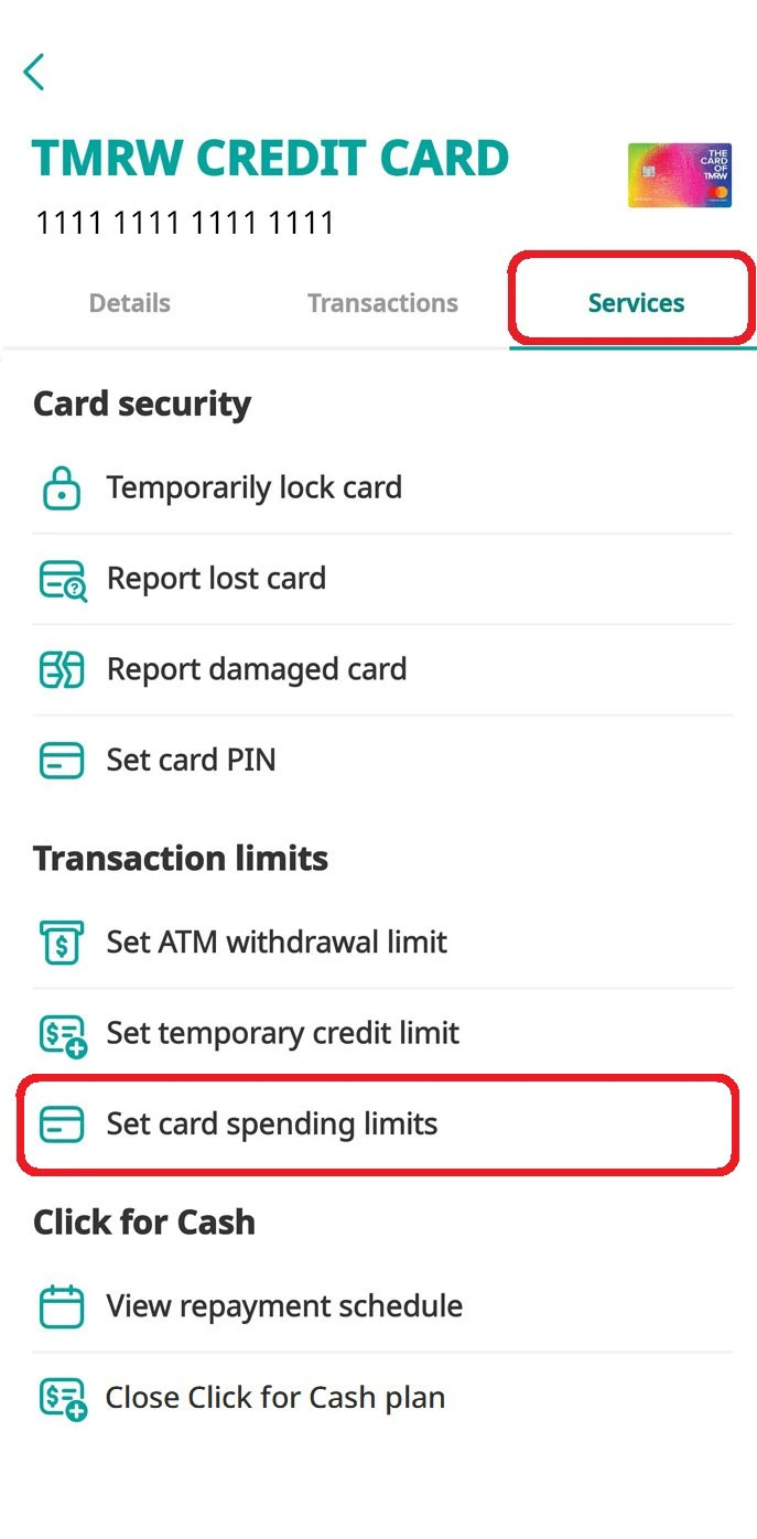 Go to “Services” tab and select “Set temporary credit limit”.