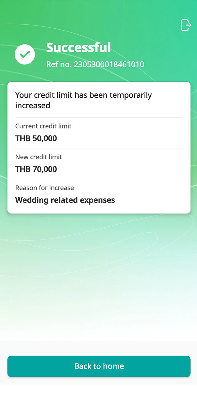 Temporary credit limit increased successfully.