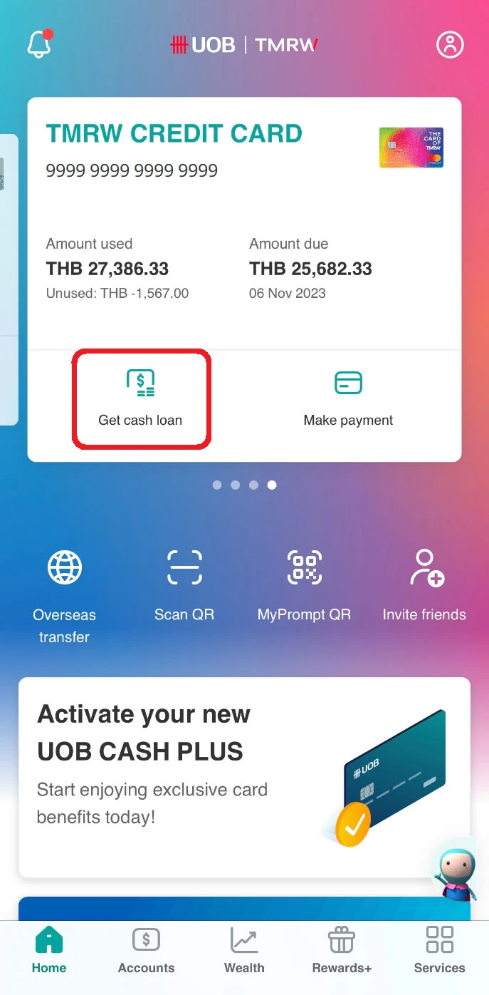 Log in to UOB TMRW and swipe to the credit card to take out cash advance from, then tap on “Get cash loan”.