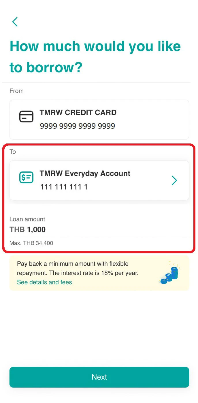 Select your UOB deposit account to receive the funds transfer and enter the amount.