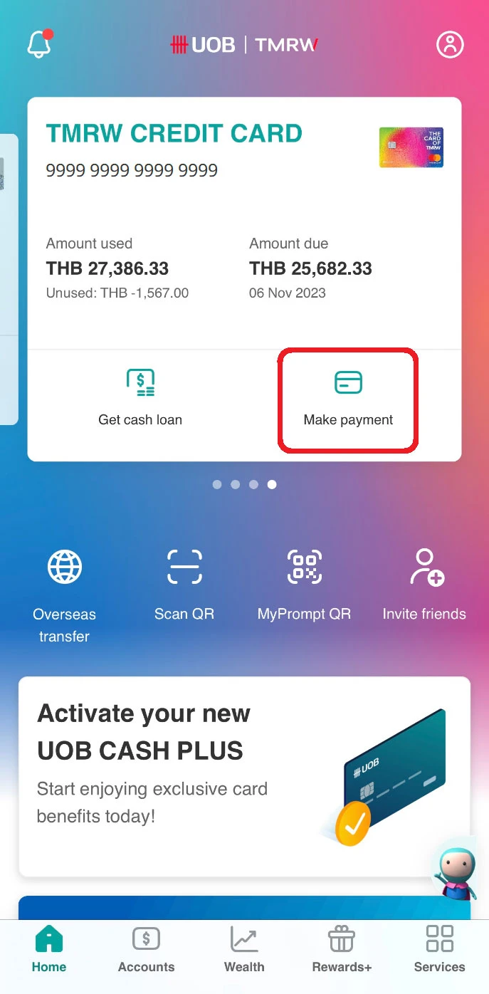 Log in to UOB TMRW and swipe to the credit card to pay off, then tap on “Make payment”.