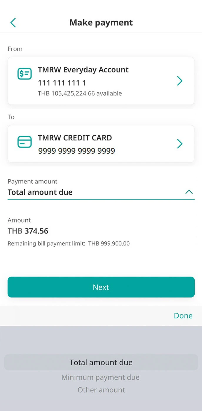 Select the amount and date of payment.