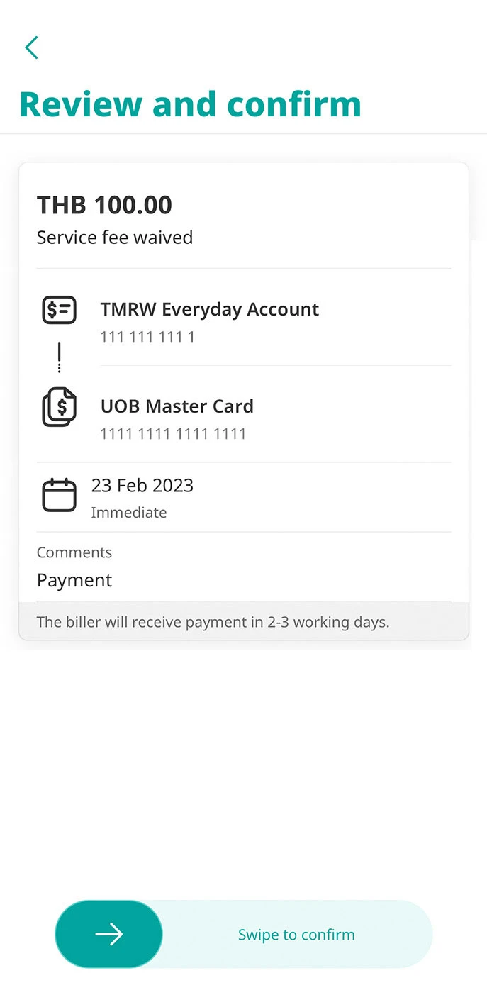 Review the details and swipe to confirm your transaction.