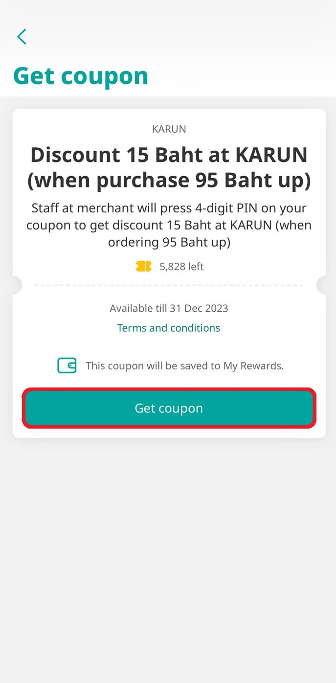 Read the coupon details and T&Cs and tap on “Get coupon”.