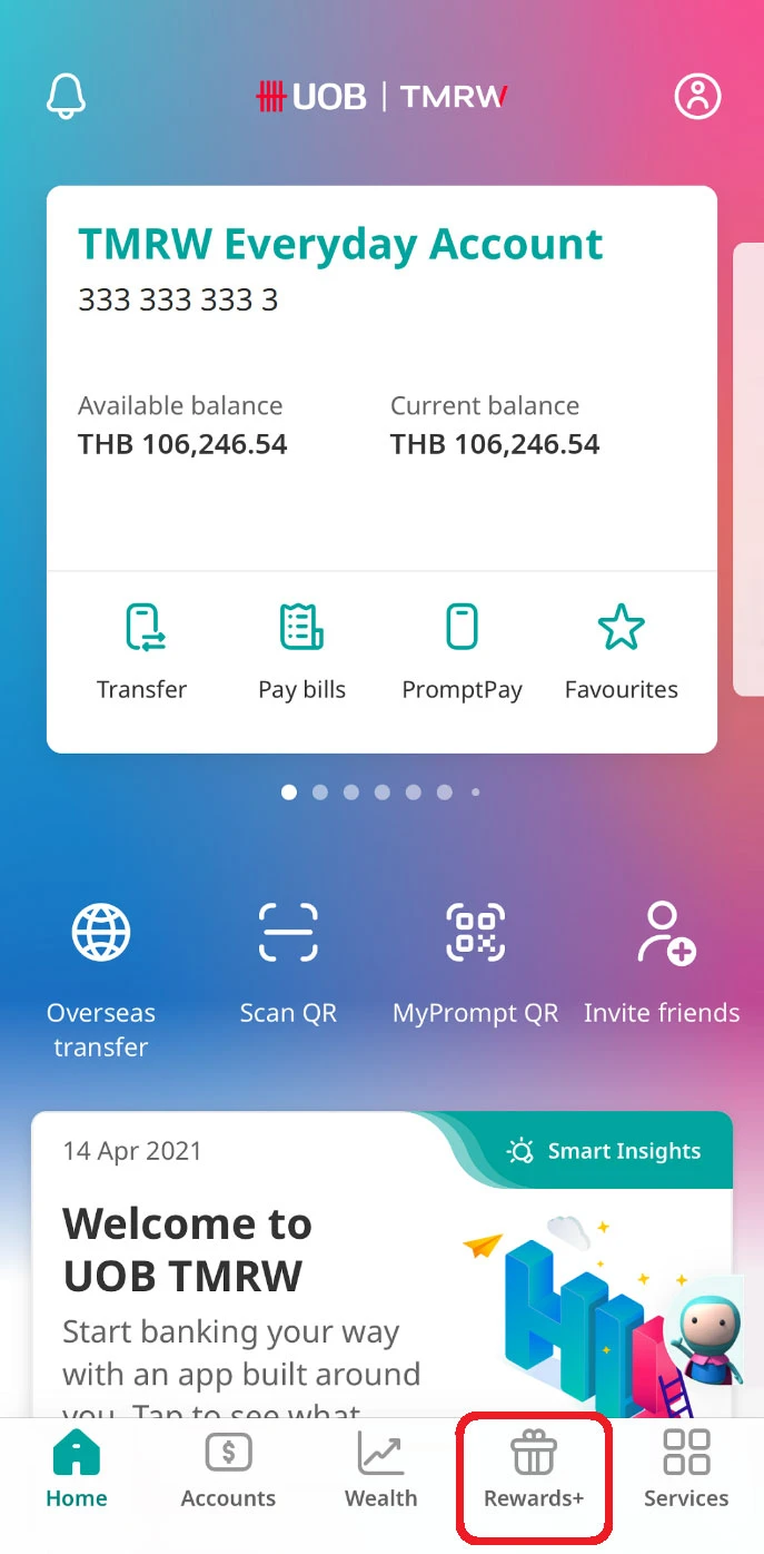 Log in to UOB TMRW and tap on “Rewards+”.