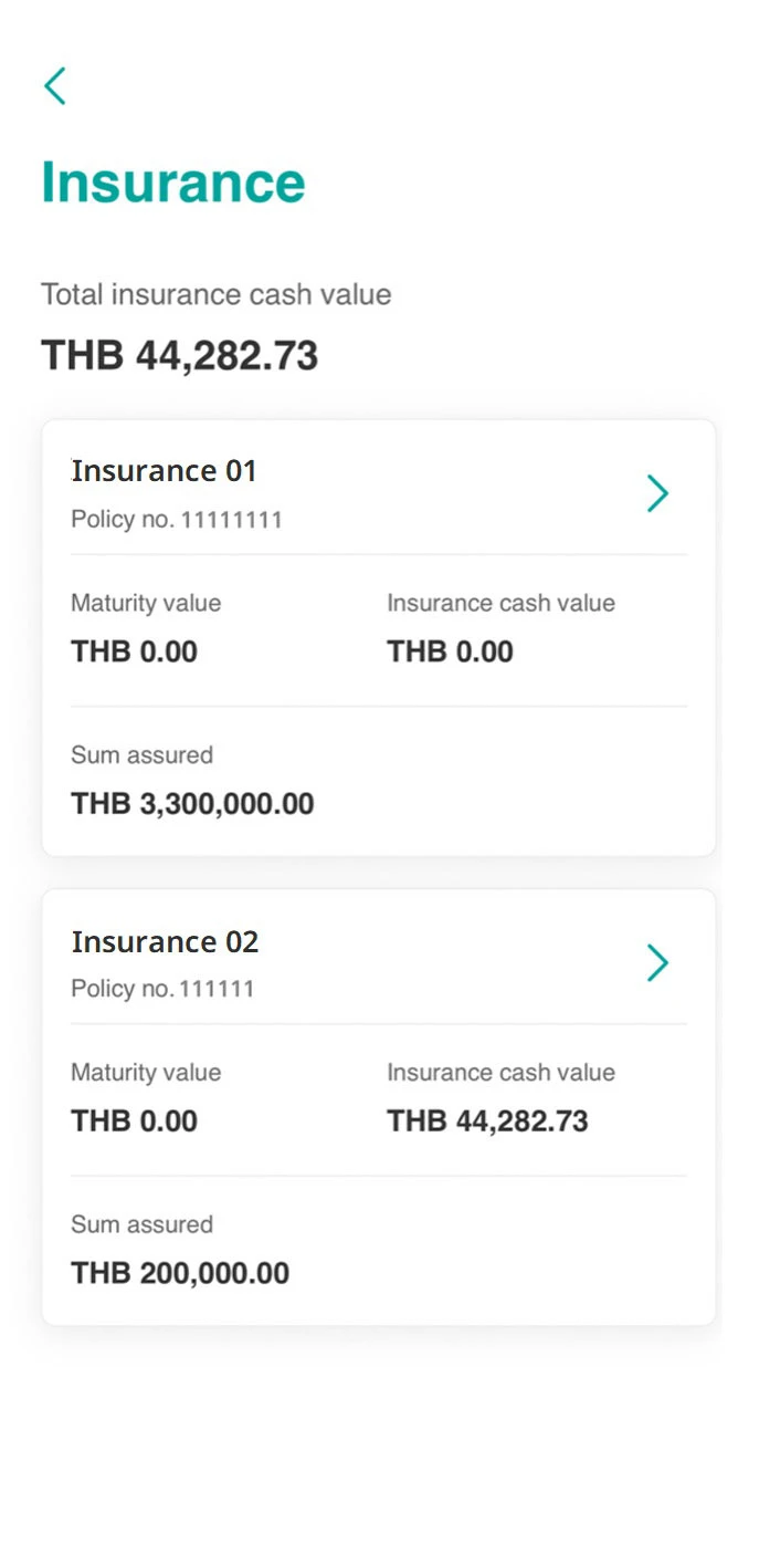 Tap on “Insurance cash value” to view total cash value and list of your insurance policies purchased through us.