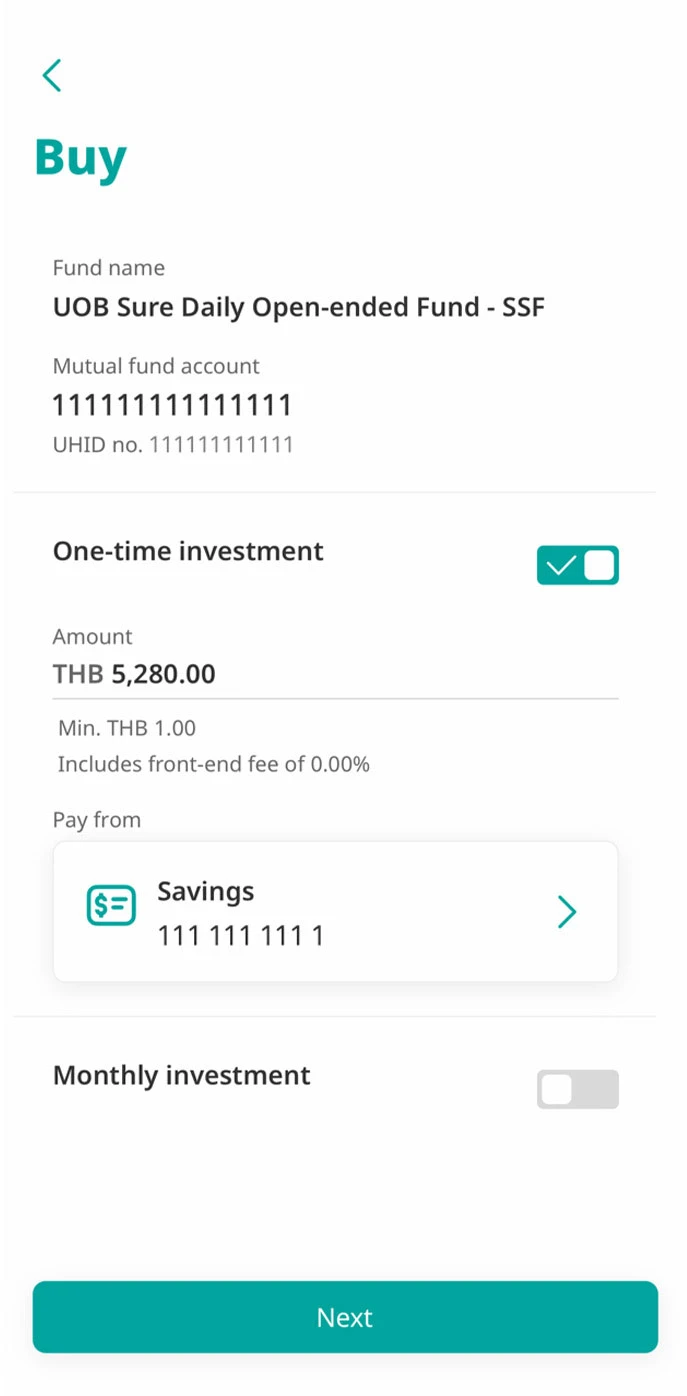 Enter the amount to invest, as one-time investment or as recurring monthly investments, and select the UOB account to debit investment funds from.