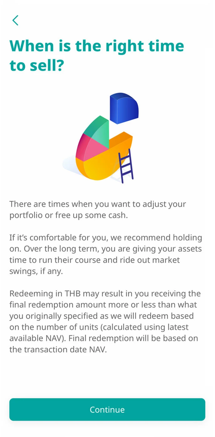 Read the details then tap continue or take questionnaire for selling tax-deductible funds.