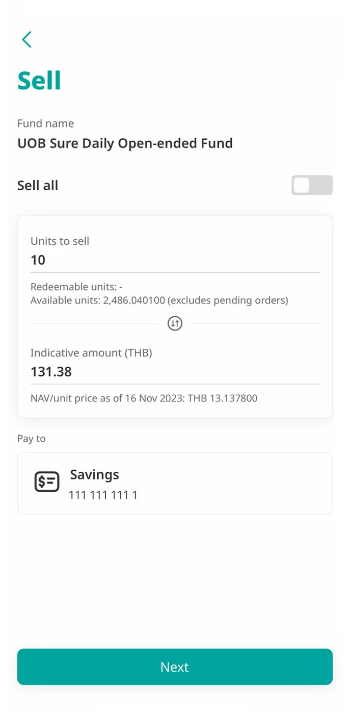 Enter the number of units or the THB amount (indicative) you wish to redeem.