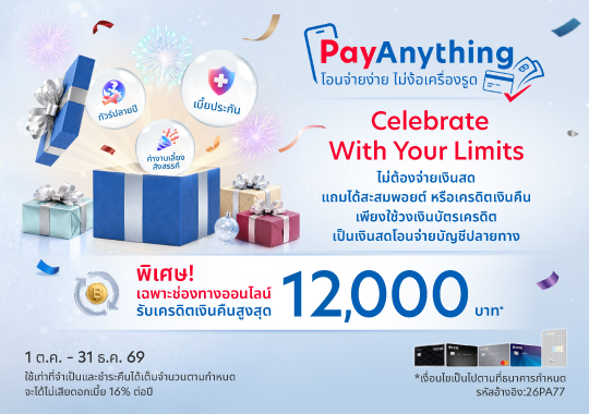รับเครดิตเงินคืนสูงสุด 12,000 บาท*