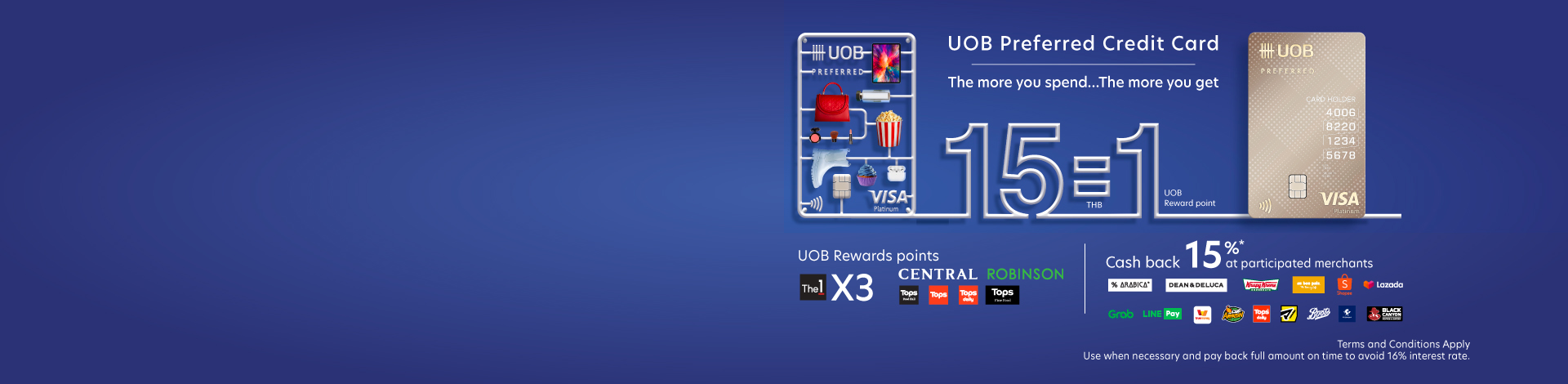 Banner showing UOB Preferred Credit Card 15 THB spend  = 1 Reward Point, 15% cashback at 15 merchants