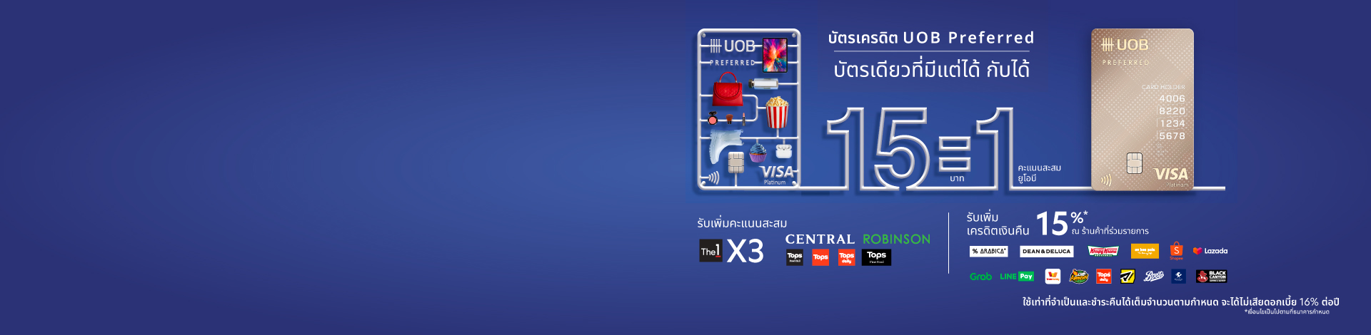 บัญหาแสดงการใช้บัตรเครดิต UOB Preferred ในการใช้จ่าย 15 บาท = 1 พ้อยต์รีวอร์ด และ 15% แคชแบ็คที่ 15 ร้านค้า