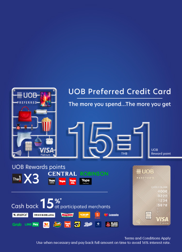 Mobile banner showing UOB Preferred Credit Card 15 THB spend = 1 Reward Point, 15% cashback at 15 merchants