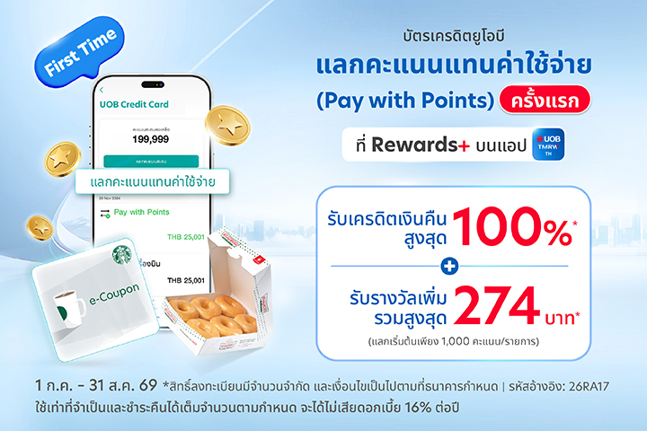Pay with Points ครั้งแรก ได้รับเพิ่มสูงสุด 274 บาท ที่ Rewards+