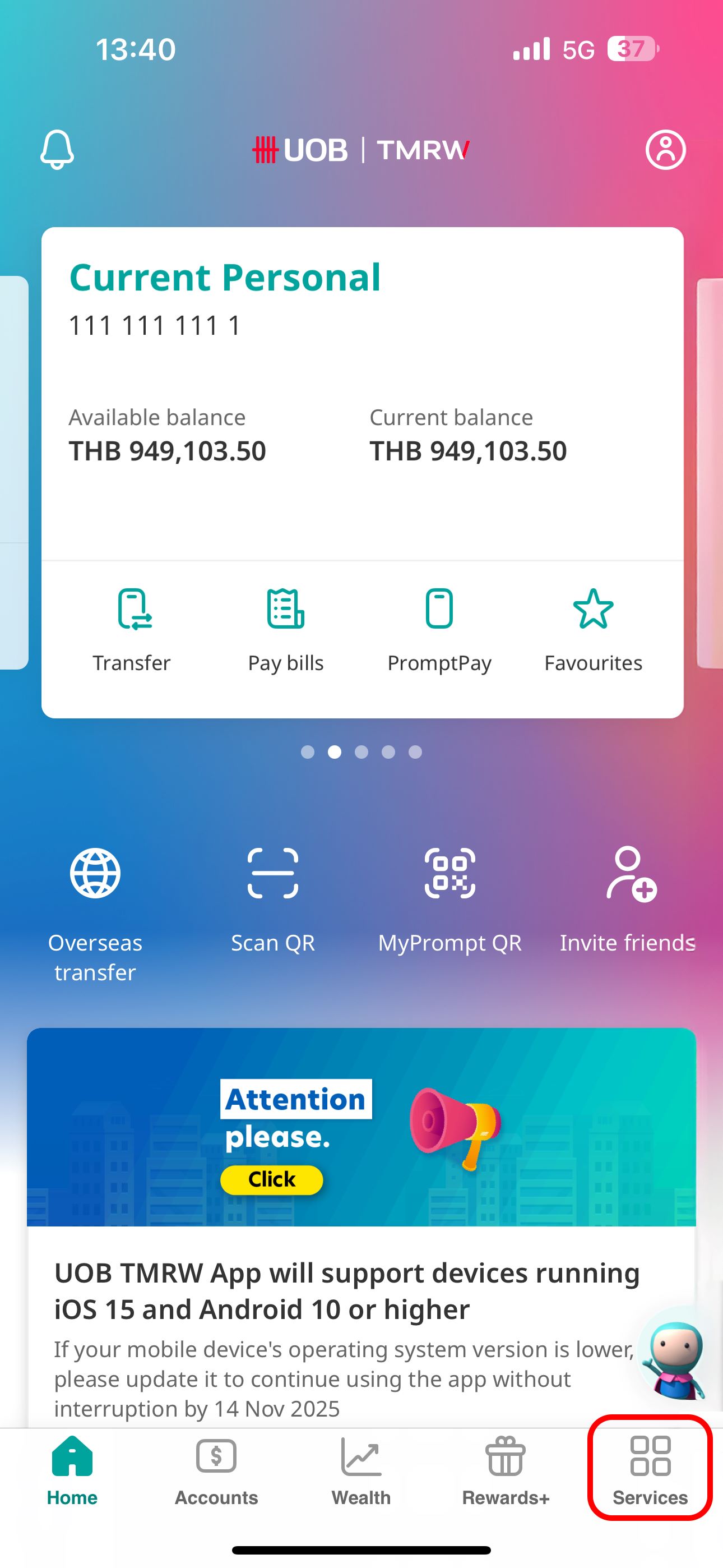 Log in to UOB TMRW and tap on “Services”.
