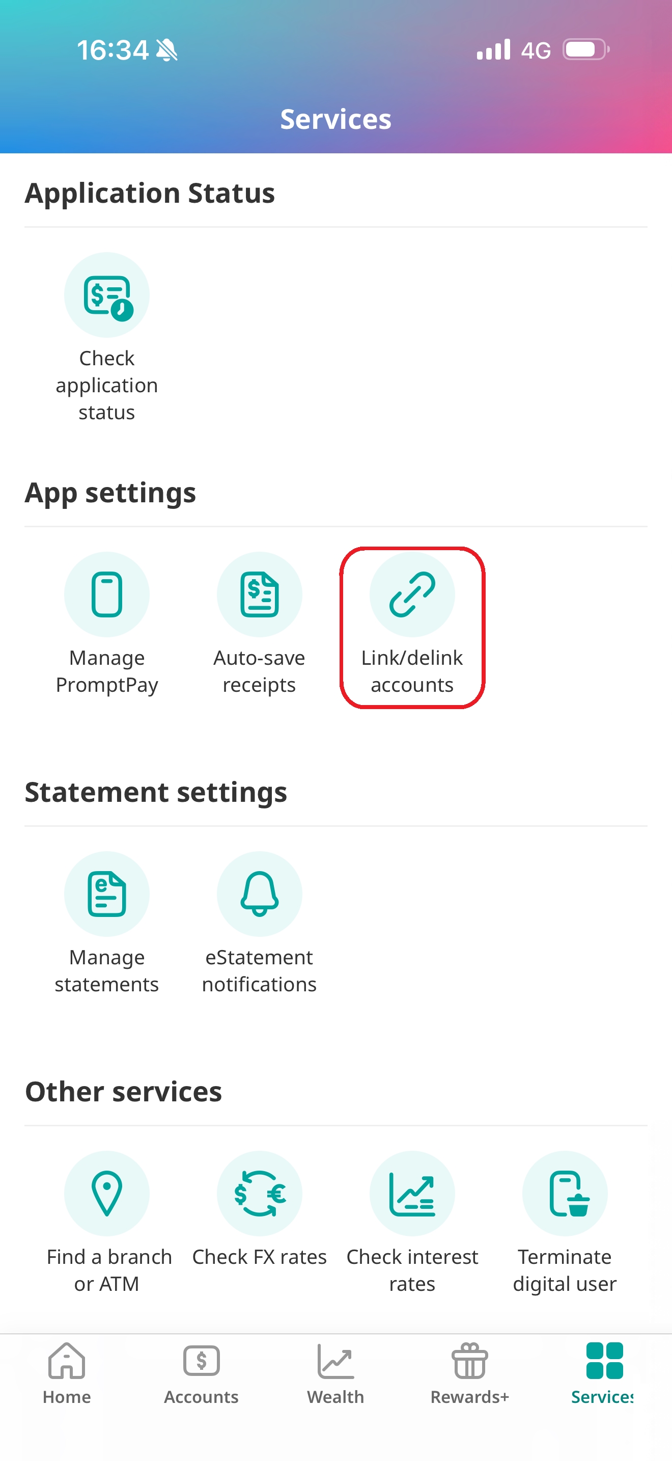 Select &ldquo; Link/delink accounts&rdquo;.​​