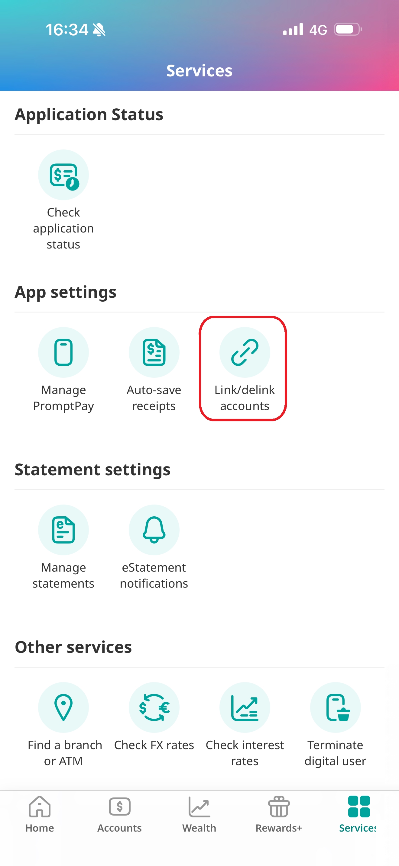 Select &ldquo; Link/delink accounts&rdquo;.​​