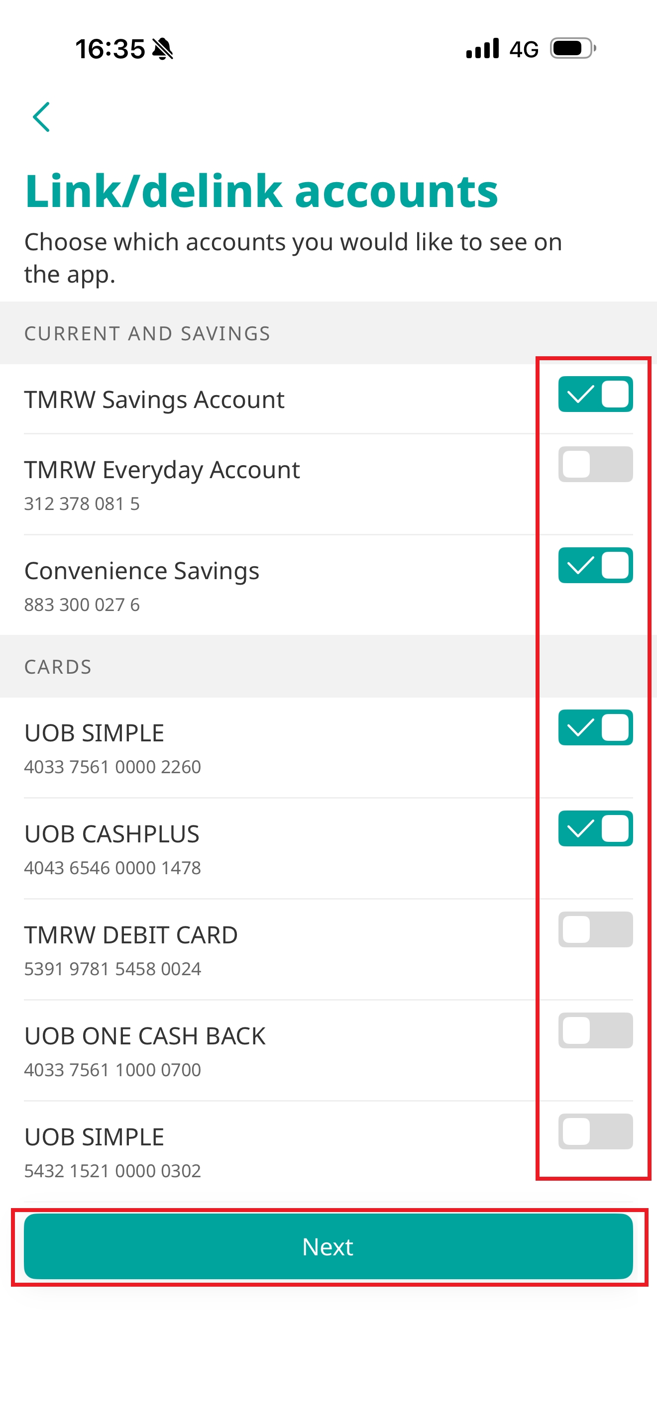 Select the account you want to hide from the app by turning off the green toggle, then tap &ldquo;Next.&rdquo;​​​