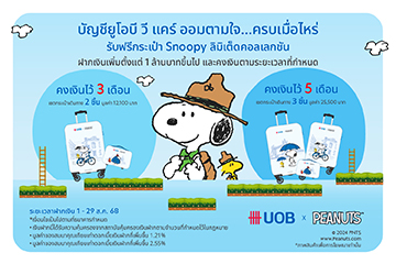 บัญชีออมทรัพย์ยูโอบี วี แคร์ ออมตามใจ...ครบเมื่อไหร่ รับทันที เซตกระเป๋าเดินทาง UOB x PEANUTS