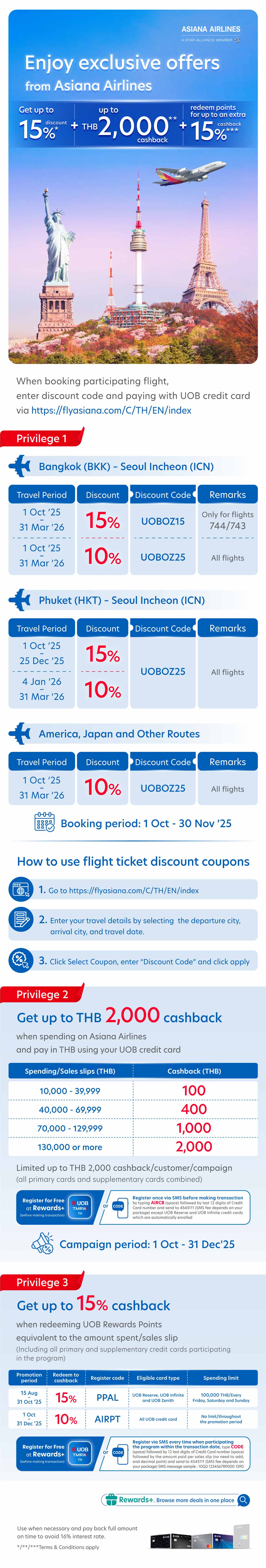 Get up to 15% discount + up to THB 2,000 cashback + redeem points for up to an extra 15% cashback when booking participating flight via Asiana Airlines with UOB credit card