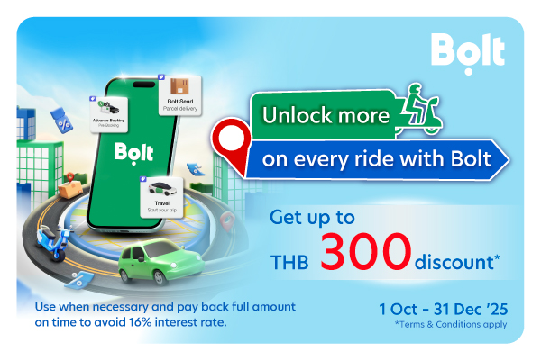 Get up to THB 300 discount when using the service via Bolt application with your UOB credit card