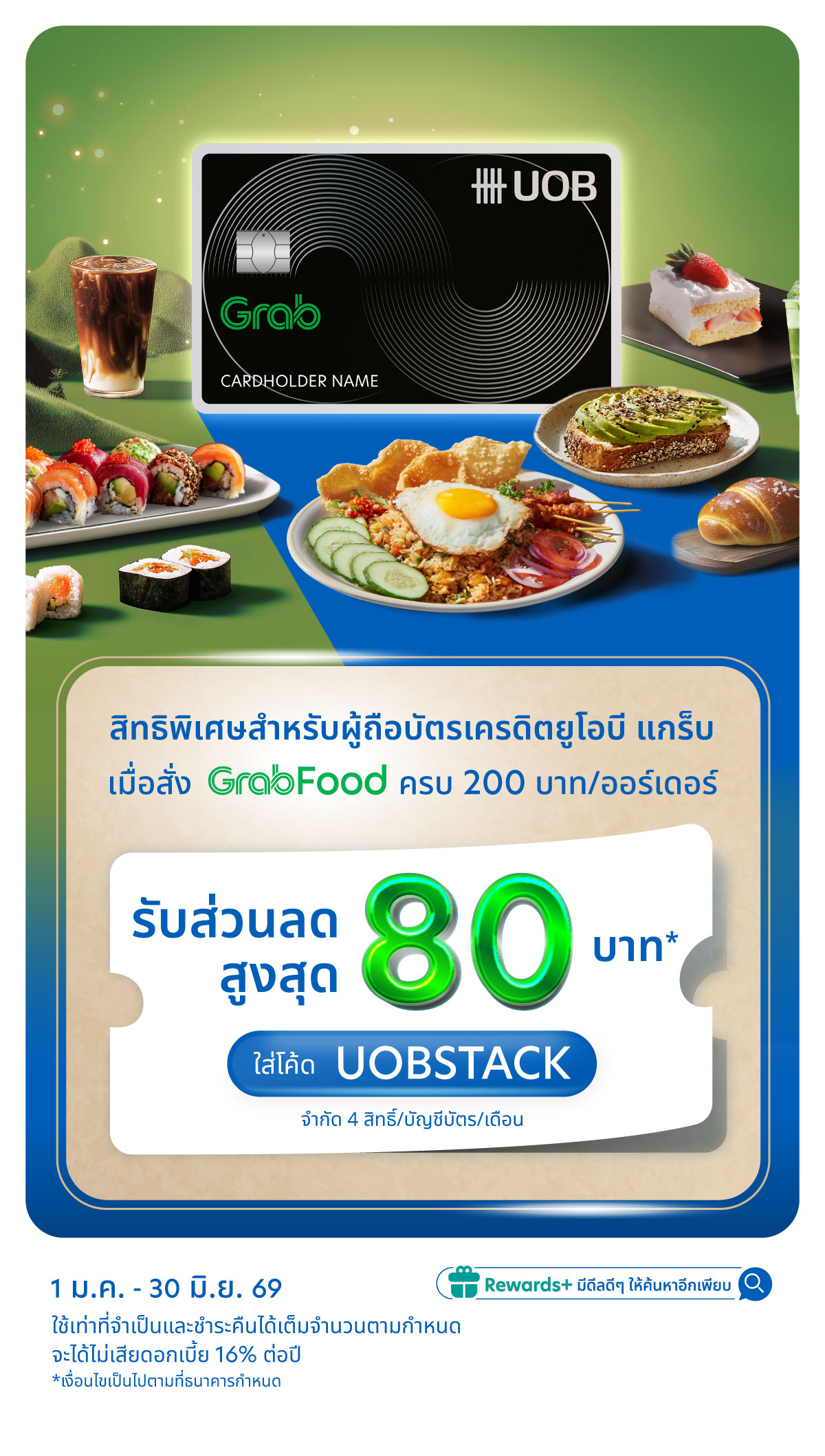 รับส่วนลดสูงสุด 80 บาท* บน GrabFood เมื่อสั่งครบ 200 บาท