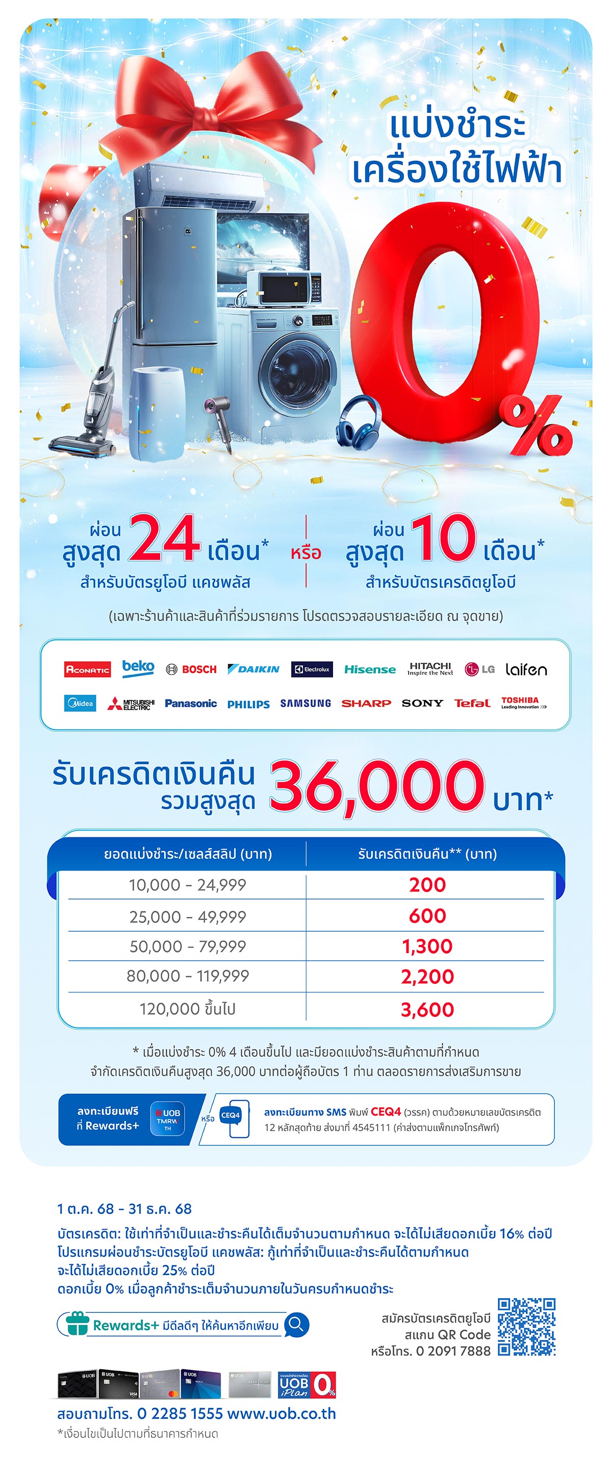 แบ่งชำระ 0% สูงสุด 24 เดือนพร้อมรับเครดิตเงินคืนสูงสุด 36,000 บาท
