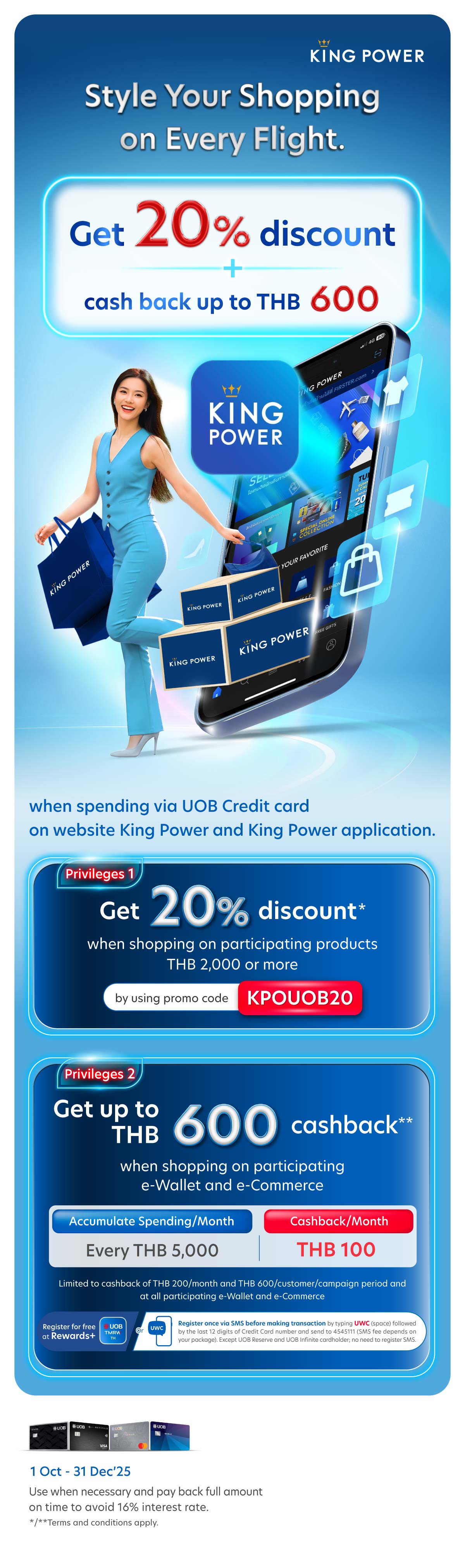 Get 2 privileges, Get 20% discount + cash back up to THB 600 at King Power Online