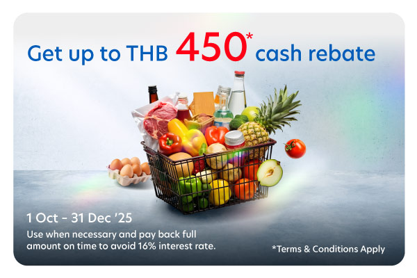Get up to THB 450* cash rebate at supermarkets and hypermarkets