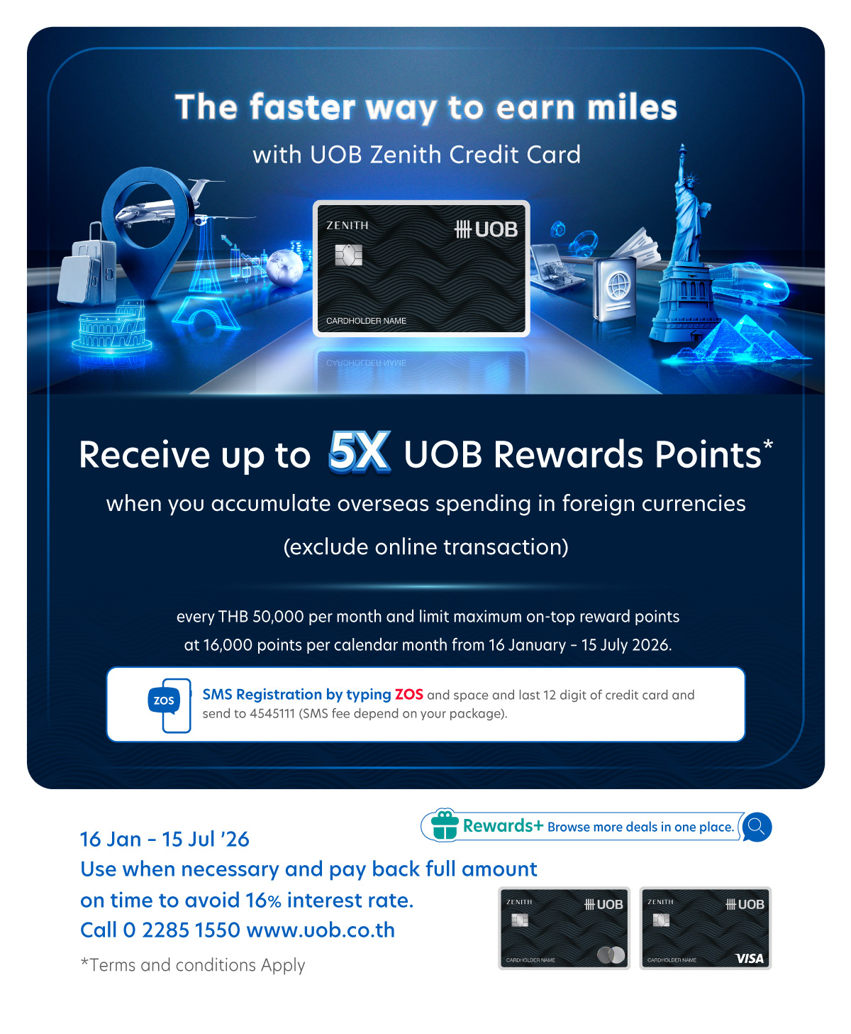 Exclusive Privilege for UOB Zenith Cardholder, receive up to 5X UOB Rewards points when shopping overseas in foreign currencies*