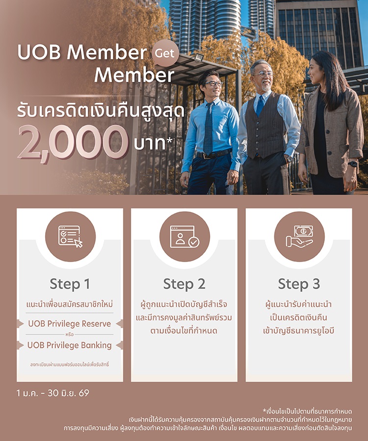 UOB Member Get Member แนะนำเพื่อนสมัครสมาชิกใหม่ รับเครดิตเงินคืนสูงสุด 2,000 บาท