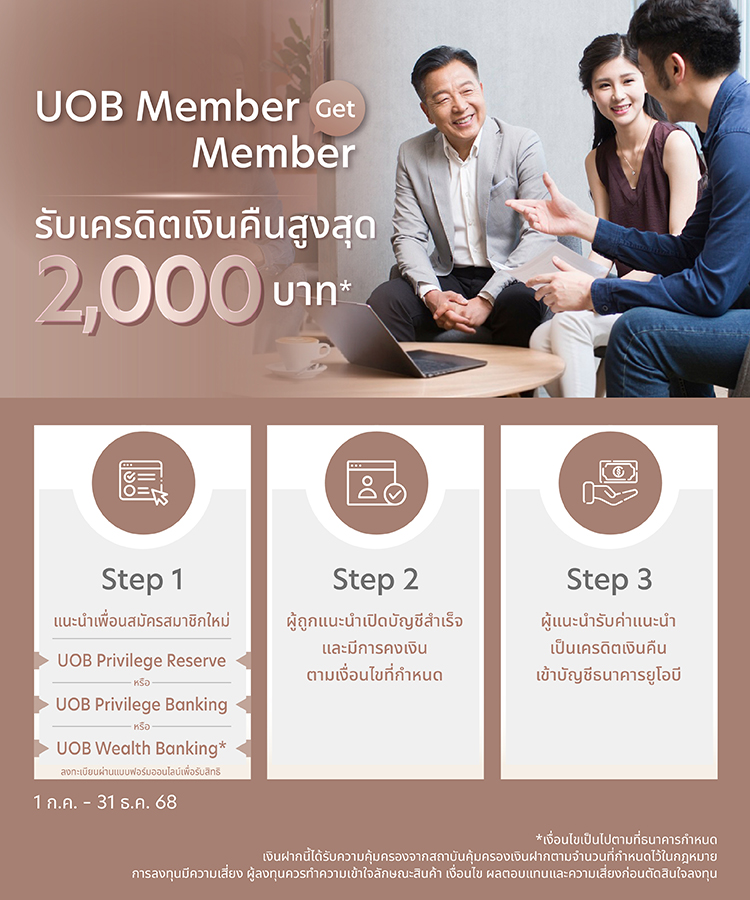 UOB Member Get Member แนะนำเพื่อนสมัครสมาชิกใหม่ รับเครดิตเงินคืนสูงสุด 2,000 บาท