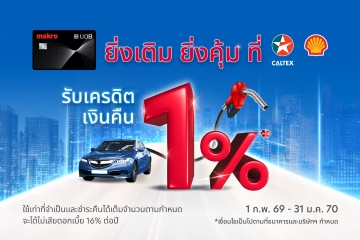 รับเครดิตเงินคืน 1%* ณ ปั๊มน้ำมันเชลล์หรือคาลเท็กซ์ กับบัตรเครดิตยูโอบี แม็คโคร