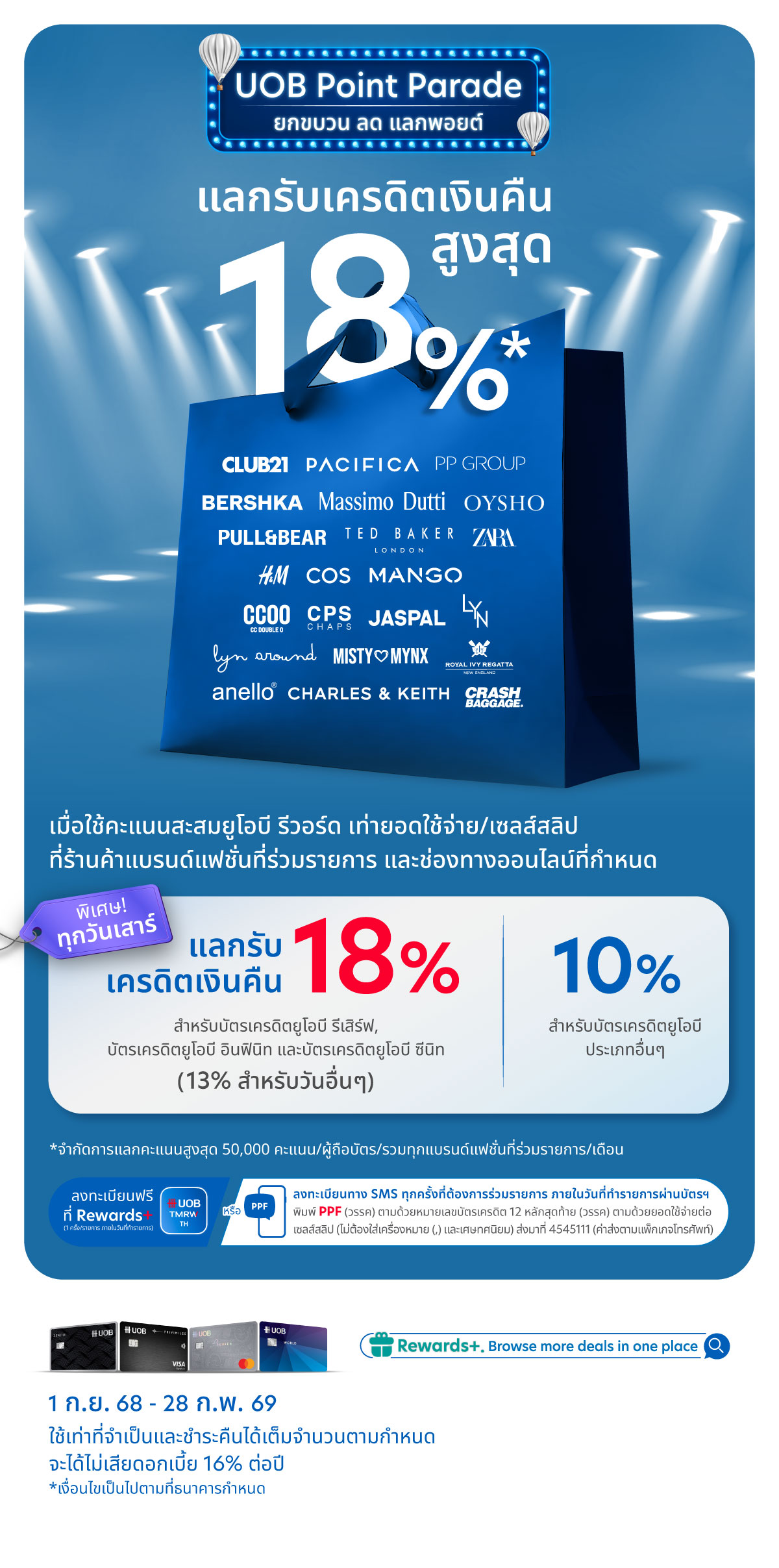 แลกรับเครดิตเงินคืนสูงสุด 18%* เมื่อใช้คะแนนสะสมยูโอบี รีวอร์ด เท่ายอดใช้จ่าย/เซลส์สลิป ที่ร้านค้าแบรนด์แฟชั่นที่ร่วมรายการ และช่องทางออนไลน์ที่กำหนด