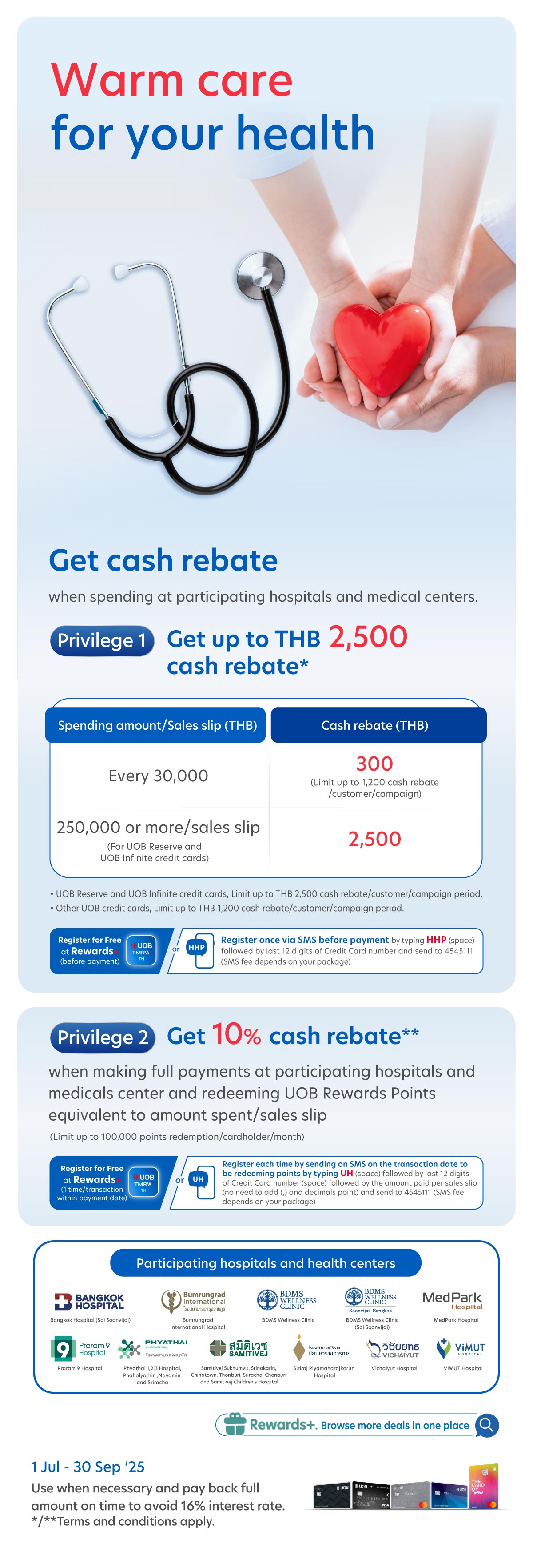 Get up to THB 2,500 cash rebate* when spending at participating hospitals and medical centers
