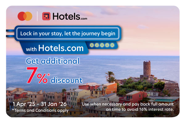 Get additional 7% discount when booking participating hotels via Hotels.com and paying with UOB Mastercard Credit Card