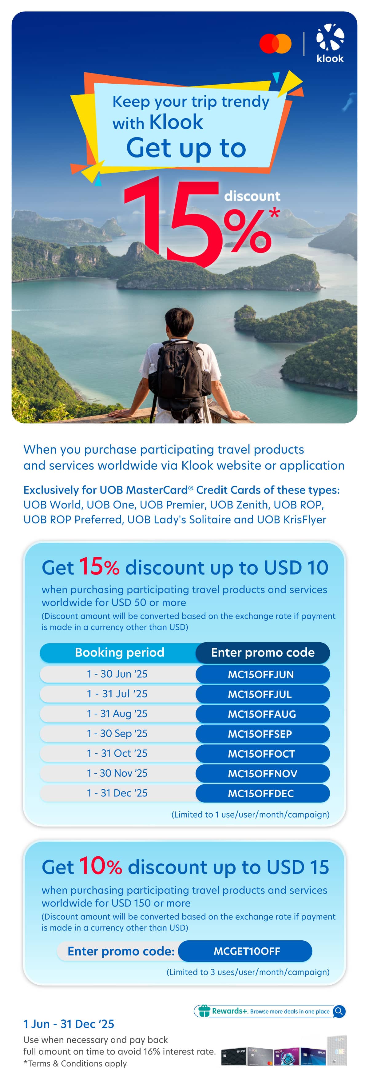  Get up to 15% discount when booking participating travel activities with Klook and paying with UOB Mastercard Credit Card